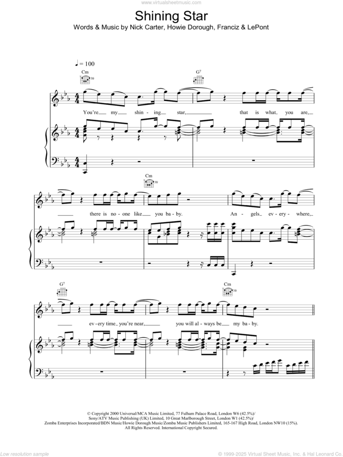 Shining Star sheet music for voice, piano or guitar by Backstreet Boys, intermediate skill level