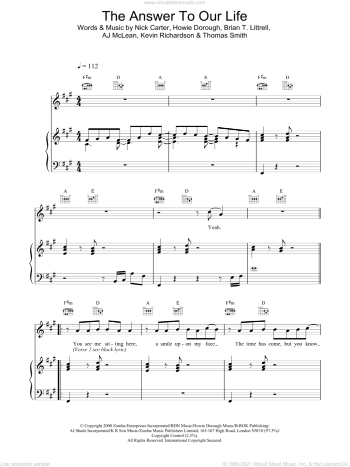 The Answer To Our Life sheet music for voice, piano or guitar by Backstreet Boys, intermediate skill level