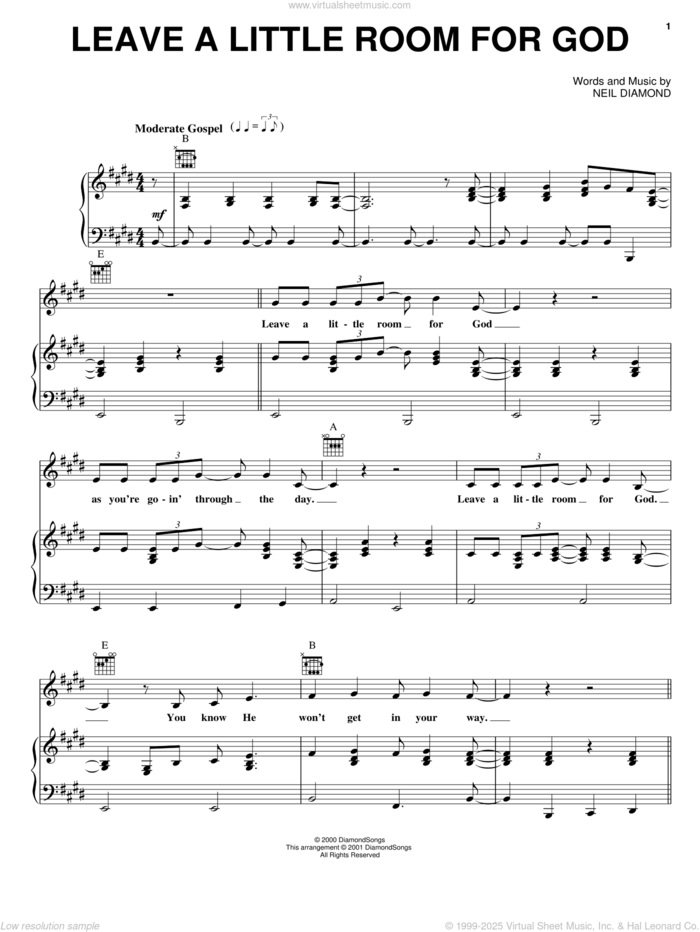 Leave A Little Room For God sheet music for voice, piano or guitar by Neil Diamond, intermediate skill level