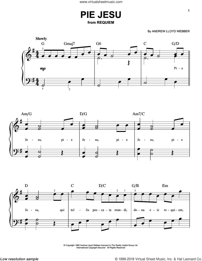 Pie Jesu, (easy) sheet music for piano solo by Andrew Lloyd Webber, classical score, easy skill level