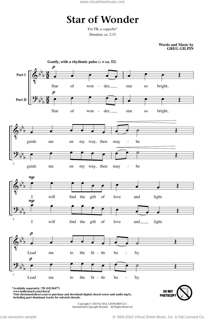 Star Of Wonder sheet music for choir (TB: tenor, bass) by Greg Gilpin, intermediate skill level