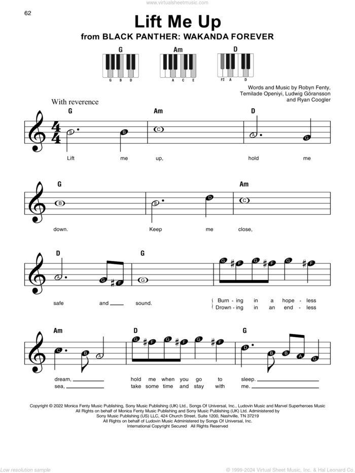 Lift Me Up (from Black Panther: Wakanda Forever), (beginner) (from Black Panther: Wakanda Forever) sheet music for piano solo by Rihanna, Ludwig Goransson, Robyn Fenty, Ryan Coogler and Temilade Openiyi, beginner skill level