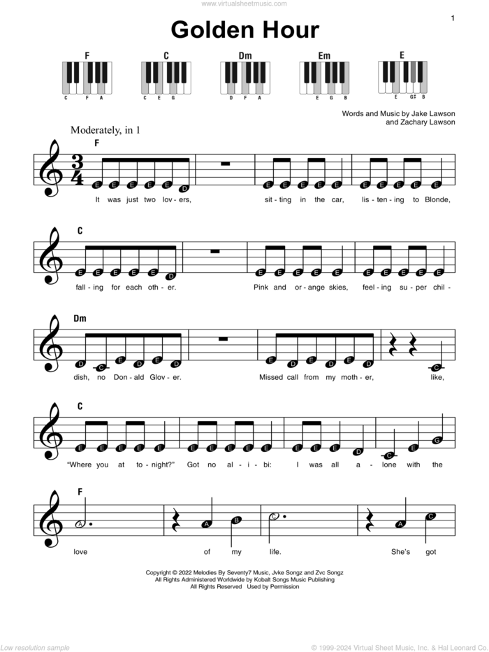 Golden Hour, (beginner) sheet music for piano solo by Jvke, Jake Lawson and Zachary Lawson, beginner skill level