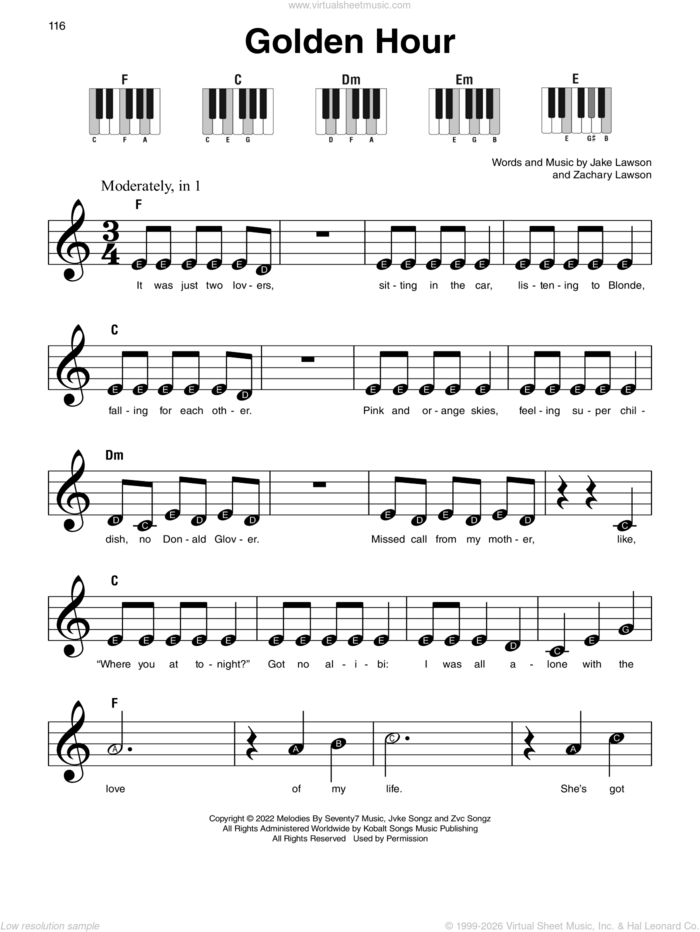 Golden Hour, (beginner) sheet music for piano solo by Jvke, Jake Lawson and Zachary Lawson, beginner skill level