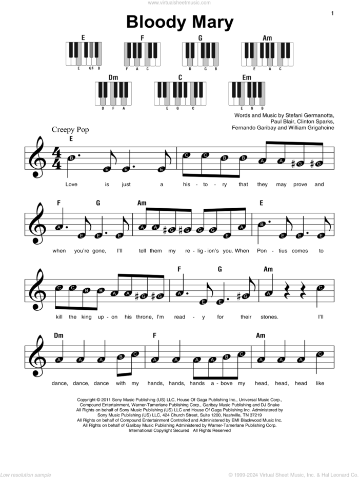 Bloody Mary, (beginner) sheet music for piano solo by Lady Gaga, Clinton Sparks, Fernando Garibay, Paul Blair and William Grigahcine, beginner skill level