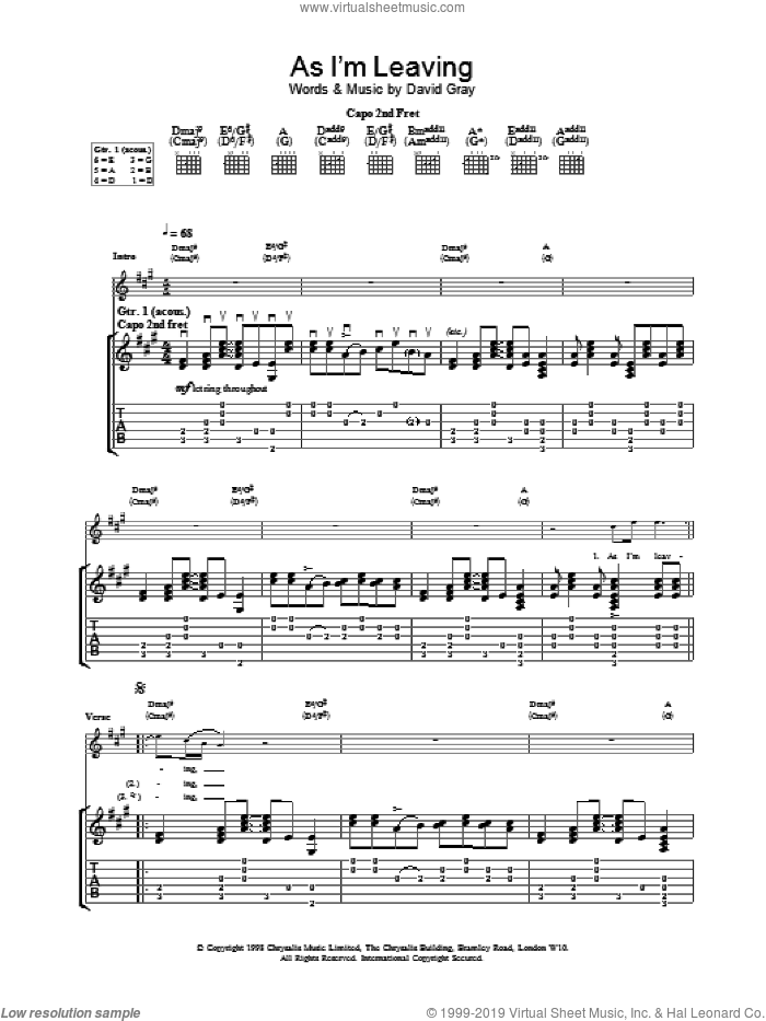 As I'm Leaving sheet music for guitar (tablature) by David Gray, intermediate skill level