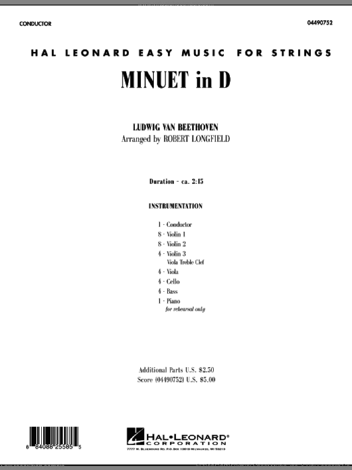 Minuet in D (COMPLETE) sheet music for orchestra by Ludwig van Beethoven and Robert Longfield, classical score, intermediate skill level