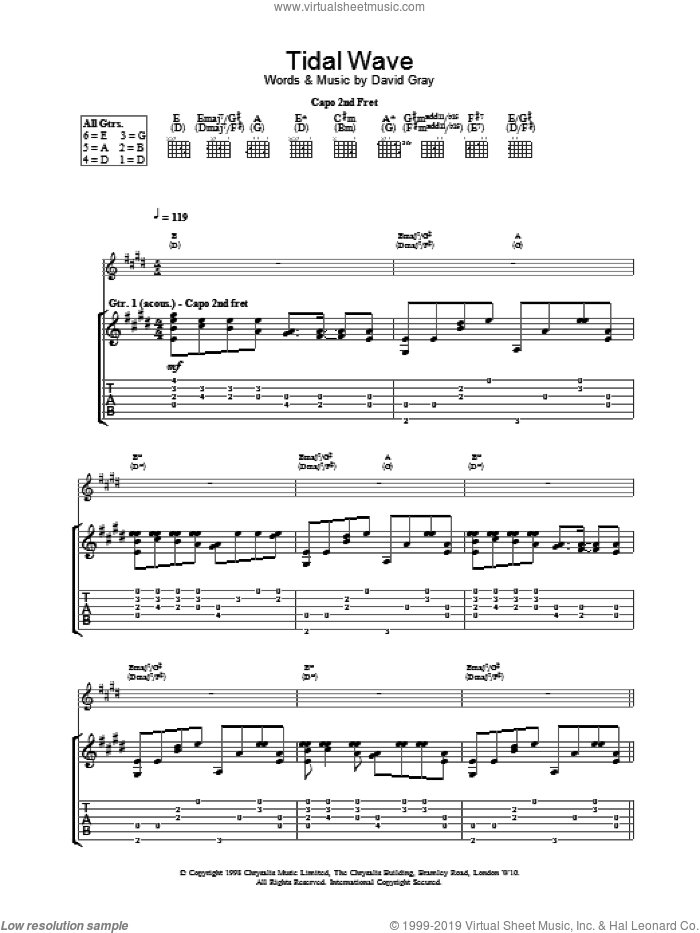 Tidal Wave sheet music for guitar (tablature) by David Gray, intermediate skill level