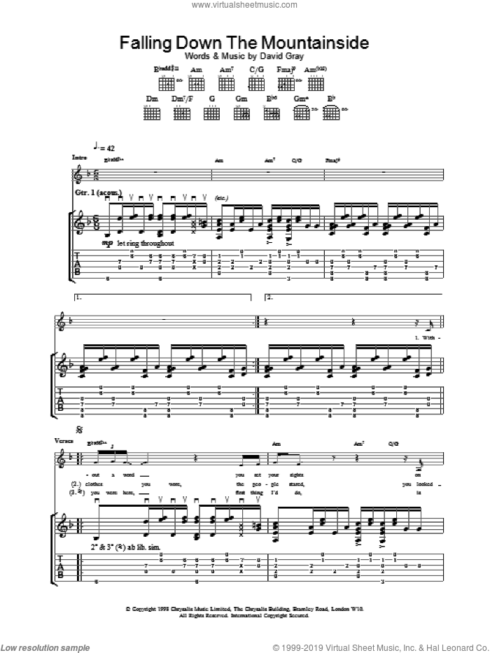 Falling Down The Mountainside sheet music for guitar (tablature) by David Gray, intermediate skill level