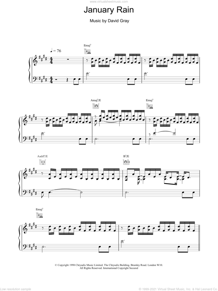January Rain sheet music for voice, piano or guitar by David Gray, intermediate skill level