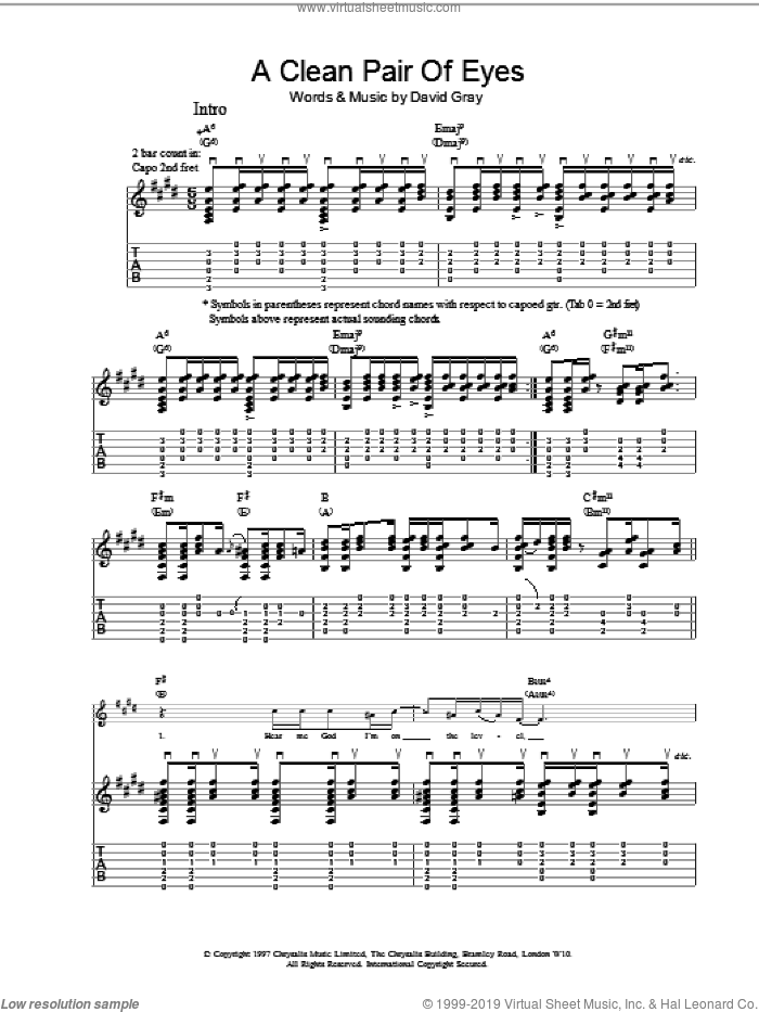 A Clean Pair Of Eyes sheet music for guitar (tablature) by David Gray, intermediate skill level