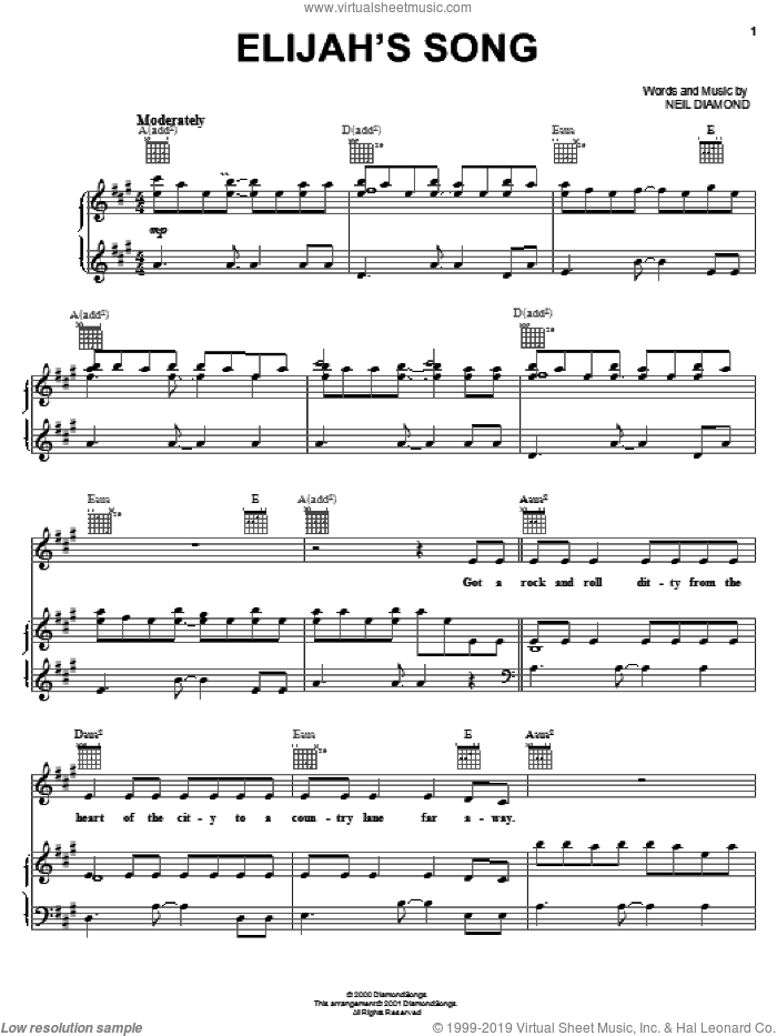 Elijah's Song sheet music for voice, piano or guitar by Neil Diamond, intermediate skill level