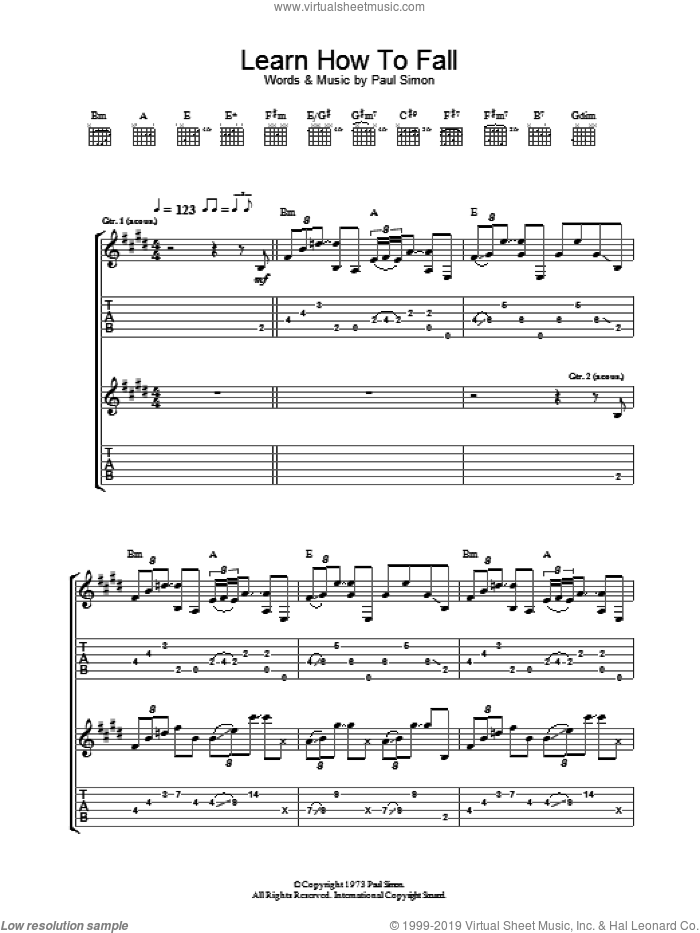 Learn How To Fall sheet music for guitar (tablature) by Paul Simon, intermediate skill level
