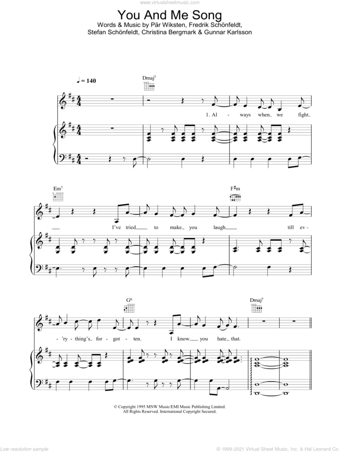You And Me Song sheet music for voice, piano or guitar by The Wannadies, intermediate skill level