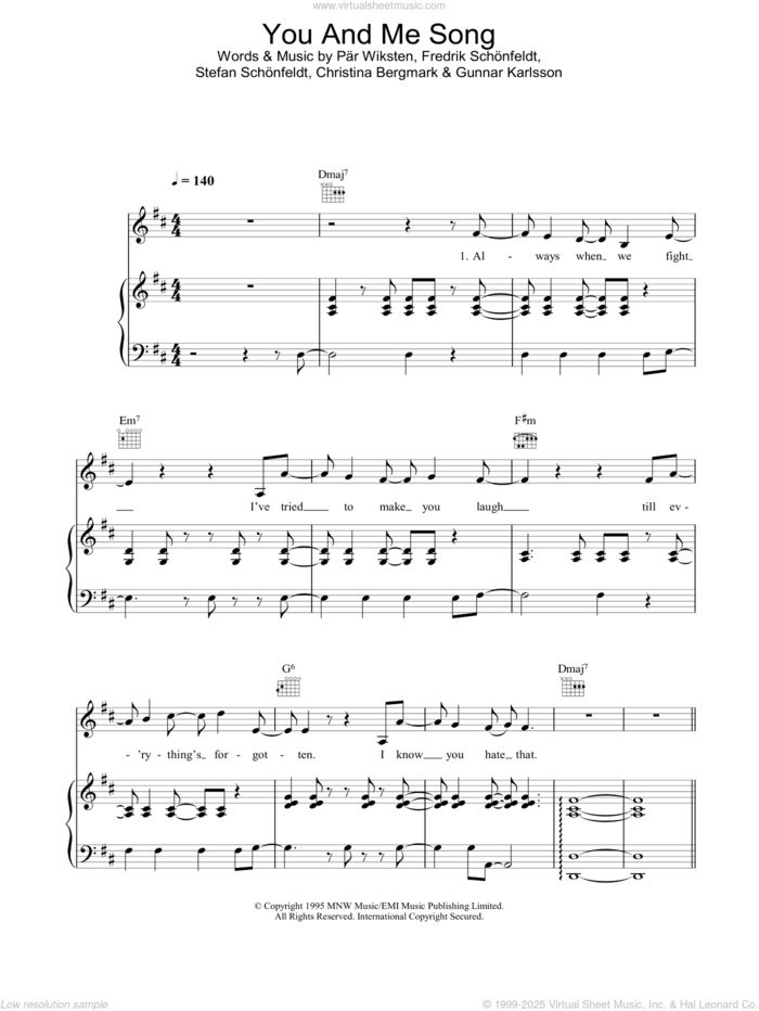 You And Me Song sheet music for voice, piano or guitar by The Wannadies, intermediate skill level