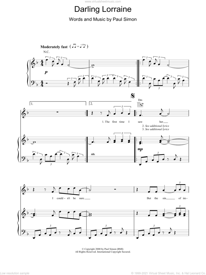 Darling Lorraine sheet music for voice, piano or guitar by Paul Simon, intermediate skill level