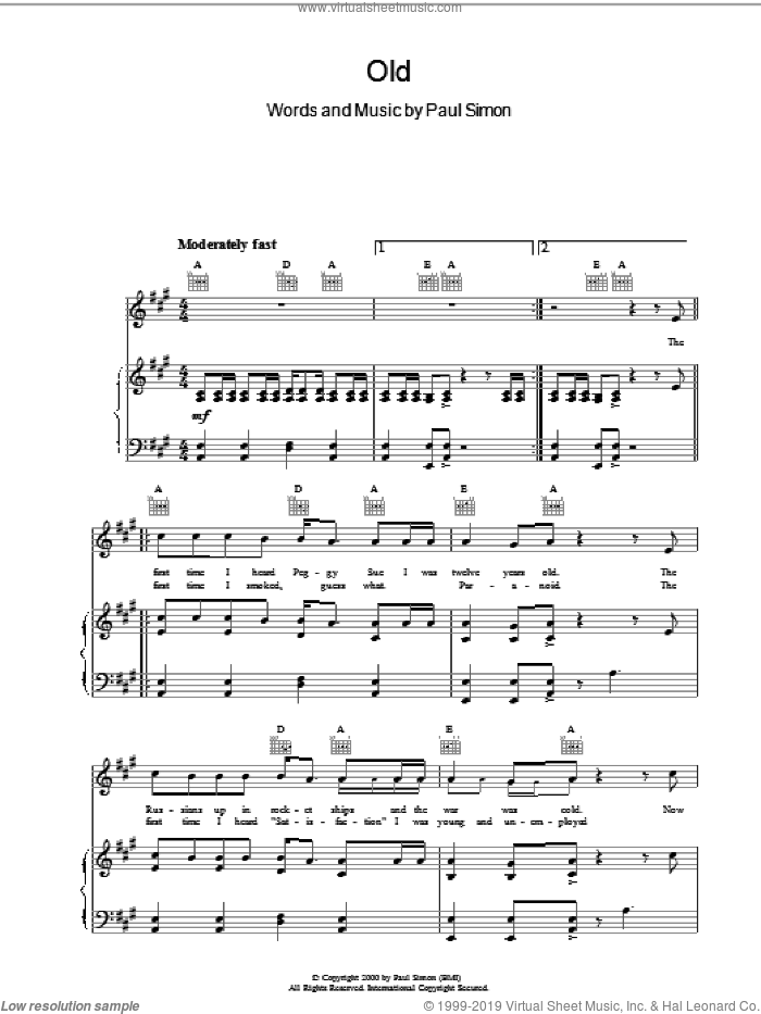 Old sheet music for voice, piano or guitar by Paul Simon, intermediate skill level