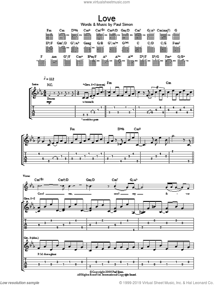 Love sheet music for guitar (tablature) by Paul Simon, intermediate skill level