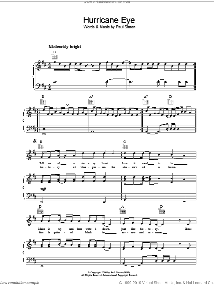 Hurricane Eye sheet music for voice, piano or guitar by Paul Simon, intermediate skill level