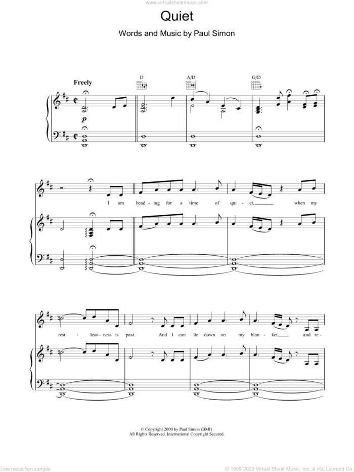 Quiet sheet music for voice, piano or guitar by Paul Simon, intermediate skill level