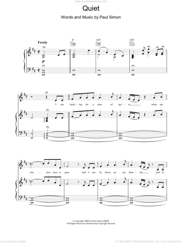 Quiet sheet music for voice, piano or guitar by Paul Simon, intermediate skill level