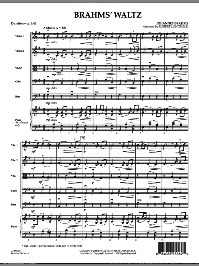 Brahms' Waltz (COMPLETE) sheet music for orchestra by Robert Longfield, classical score, intermediate skill level