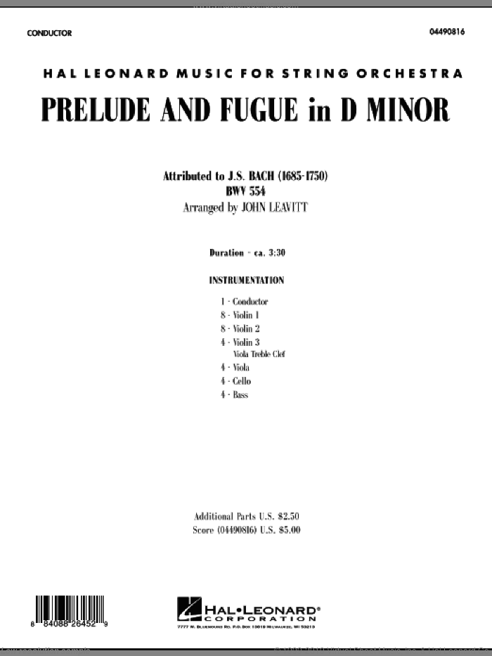 Prelude and Fugue in D Minor (COMPLETE) sheet music for orchestra by Johann Sebastian Bach and John Leavitt, intermediate skill level