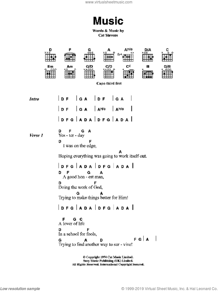 Music sheet music for guitar (chords) by Cat Stevens, intermediate skill level