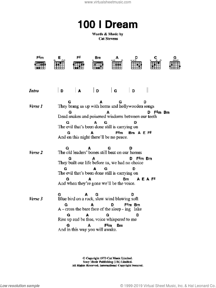100 I Dream sheet music for guitar (chords) by Cat Stevens, intermediate skill level