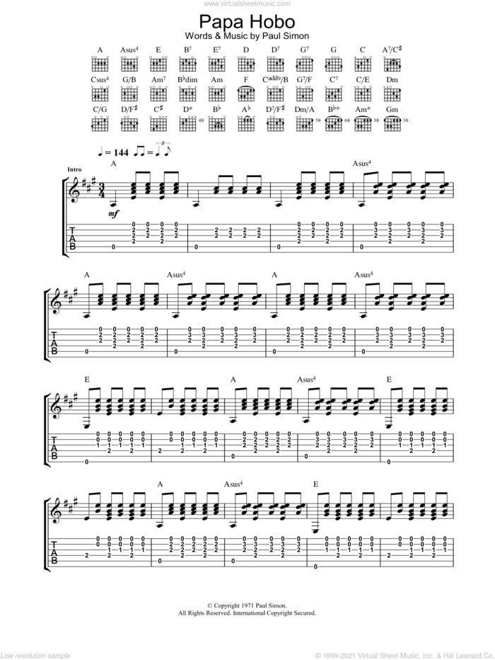 Papa Hobo sheet music for guitar (tablature) by Paul Simon, intermediate skill level