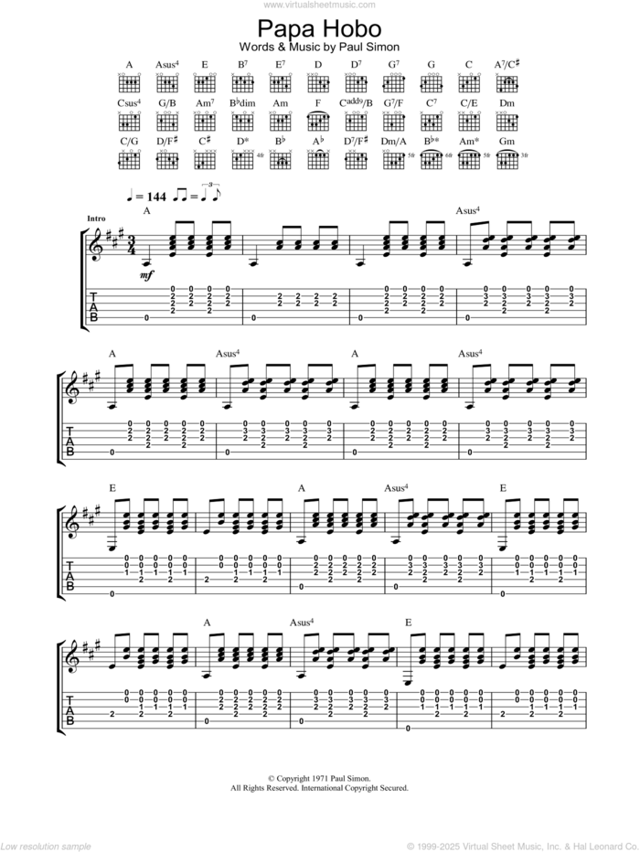 Papa Hobo sheet music for guitar (tablature) by Paul Simon, intermediate skill level