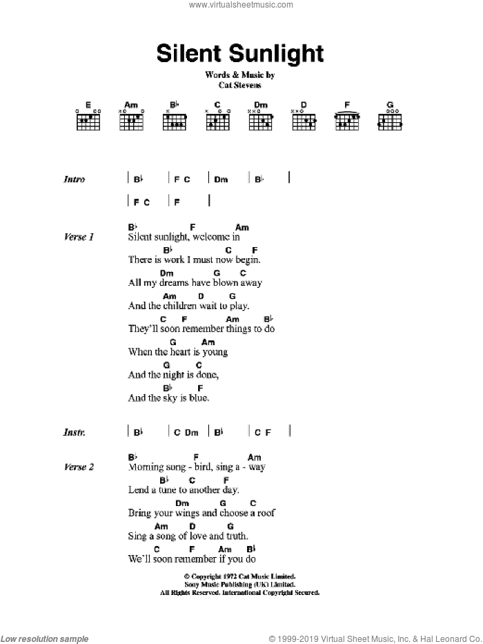 Silent Sunlight sheet music for guitar (chords) by Cat Stevens, intermediate skill level