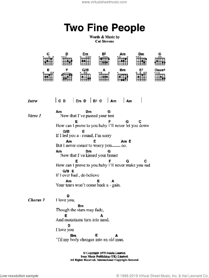 Two Fine People sheet music for guitar (chords) by Cat Stevens, intermediate skill level