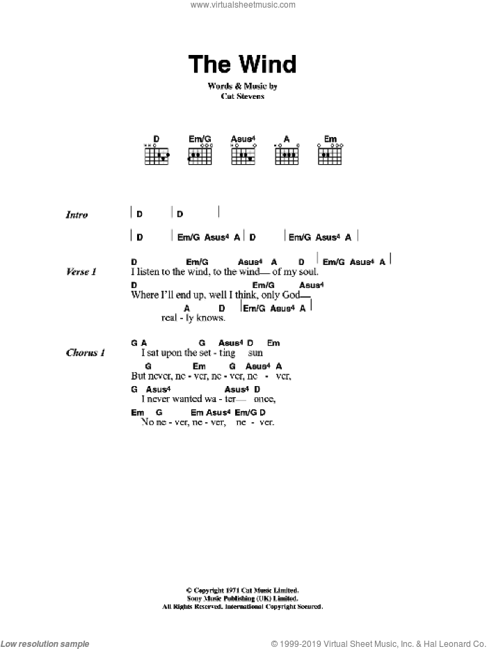 The Wind sheet music for guitar (chords) by Cat Stevens, intermediate skill level