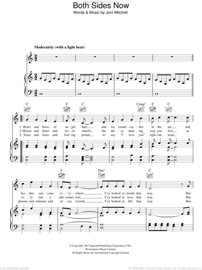 Both Sides Now sheet music for voice, piano or guitar by Judy Collins and Joni Mitchell, intermediate skill level