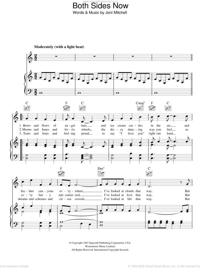 Both Sides Now sheet music for voice, piano or guitar by Judy Collins and Joni Mitchell, intermediate skill level