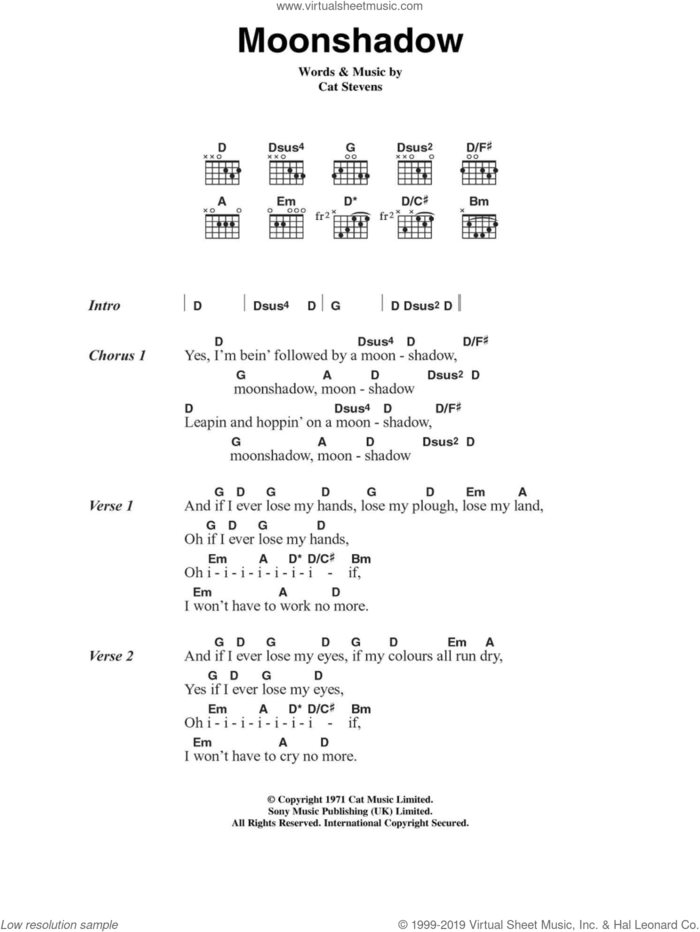 Moon Shadow sheet music for guitar (chords) by Cat Stevens, intermediate skill level