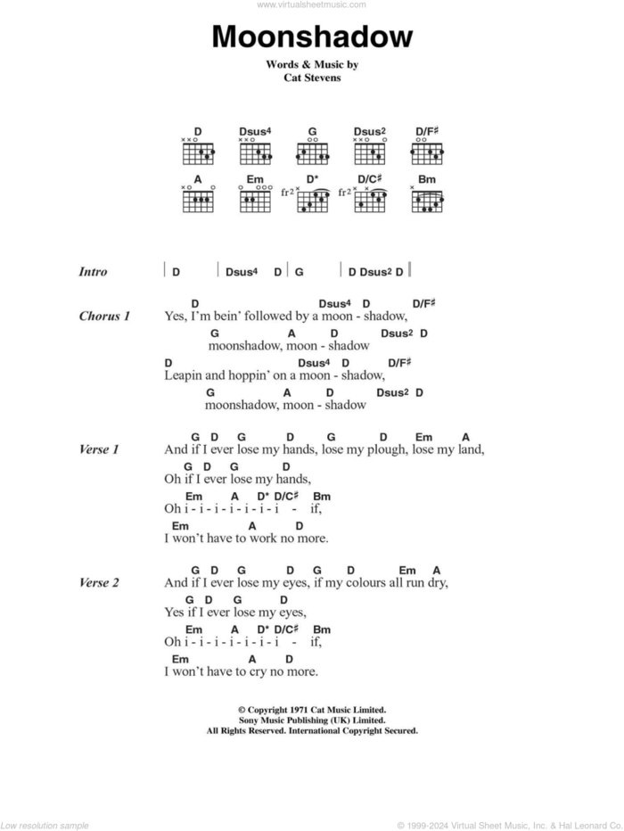 Moon Shadow sheet music for guitar (chords) by Cat Stevens, intermediate skill level