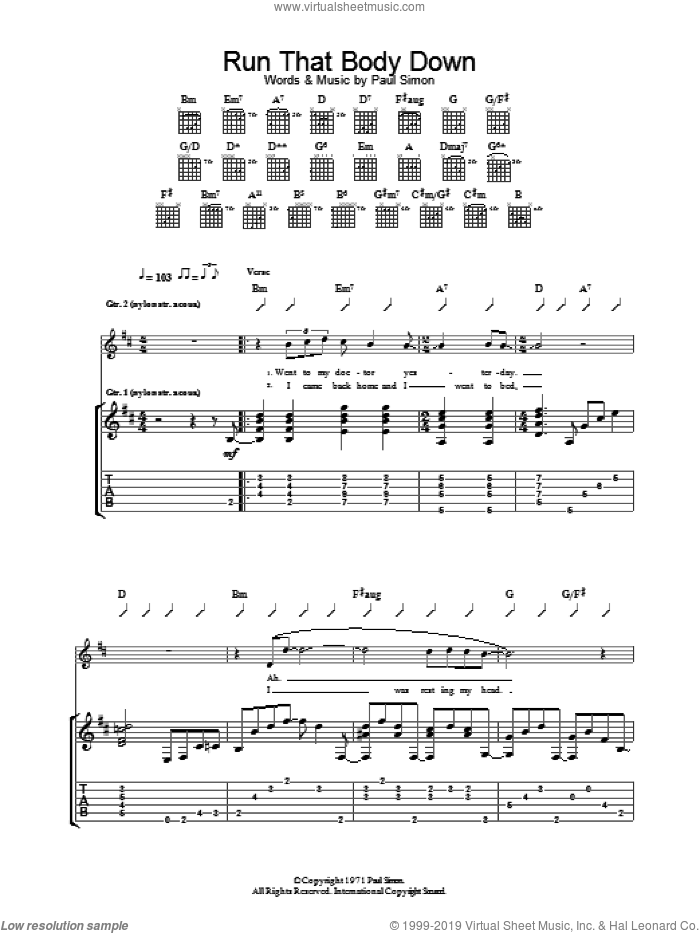 Run That Body Down sheet music for guitar (tablature) by Paul Simon, intermediate skill level
