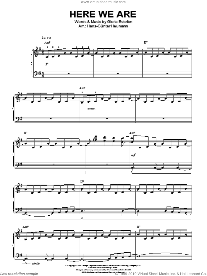 Here We Are sheet music for piano solo by Gloria Estefan, easy skill level