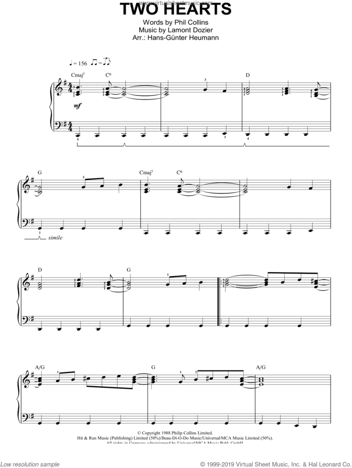 Two Hearts sheet music for piano solo by Phil Collins and Lamont Dozier, easy skill level