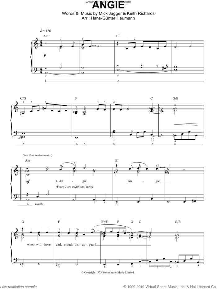 Angie, (easy) sheet music for piano solo by The Rolling Stones, Keith Richards and Mick Jagger, easy skill level