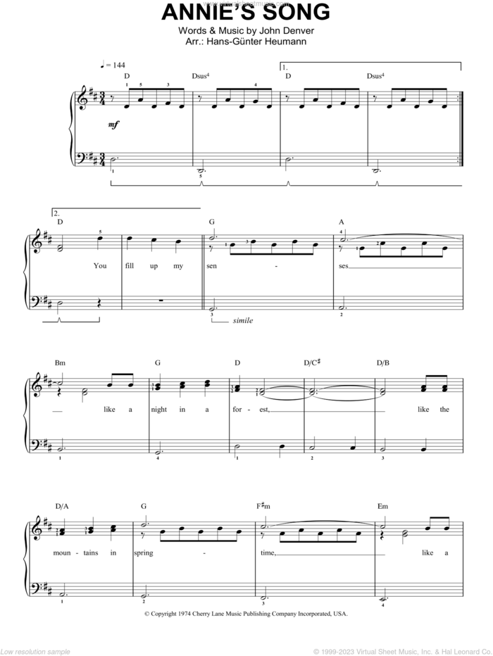 Annie's Song sheet music for piano solo by John Denver, easy skill level
