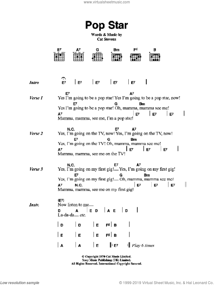 Pop Star sheet music for guitar (chords) by Cat Stevens, intermediate skill level