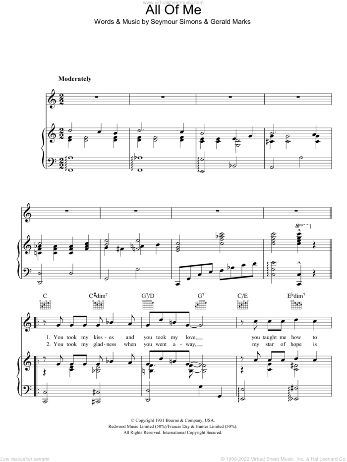 All Of Me sheet music for voice, piano or guitar by Frank Sinatra, Gerald Marks and Seymour Simons, intermediate skill level