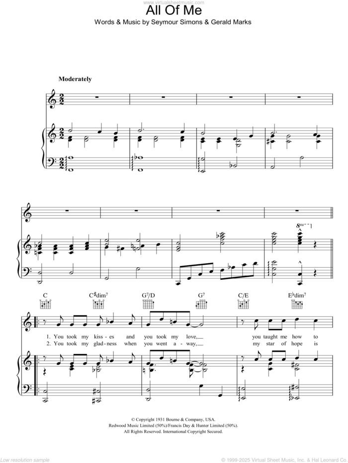 All Of Me sheet music for voice, piano or guitar by Frank Sinatra, Gerald Marks and Seymour Simons, intermediate skill level