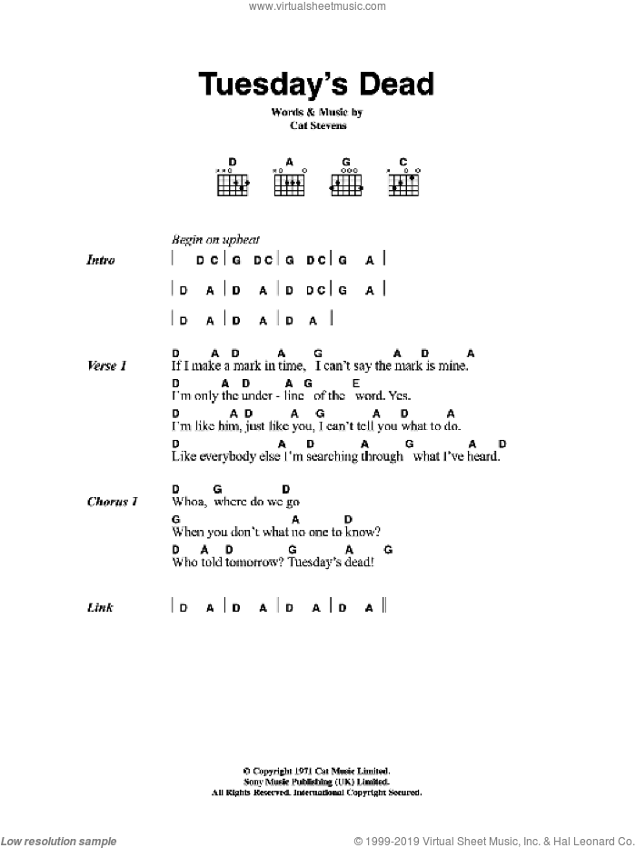 Tuesday's Dead sheet music for guitar (chords) by Cat Stevens, intermediate skill level