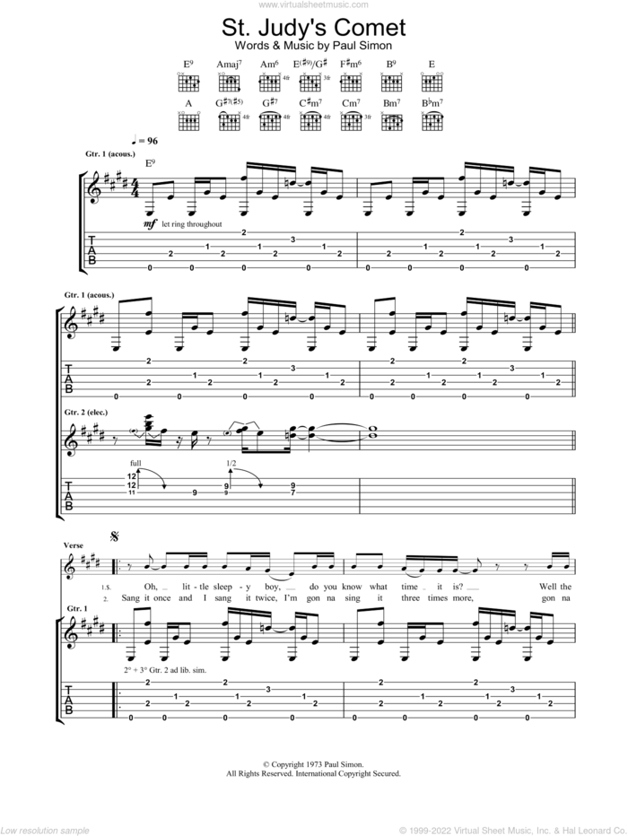 St. Judy's Comet sheet music for guitar (tablature) by Paul Simon, intermediate skill level