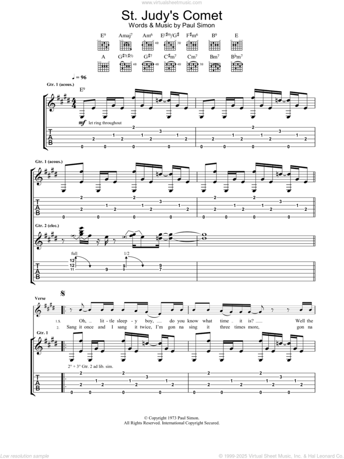 St. Judy's Comet sheet music for guitar (tablature) by Paul Simon, intermediate skill level