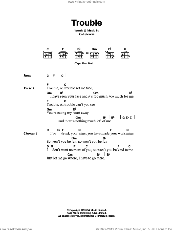 Trouble sheet music for guitar (chords) by Cat Stevens, intermediate skill level